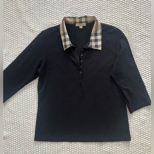 NWOT Burberry Black Polo with Check Collar 3/4 sleeves